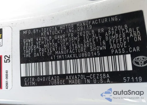 2020 Toyota Camry Se z USA, uszkodzony, nr VIN 4T1M11AKXLU860145